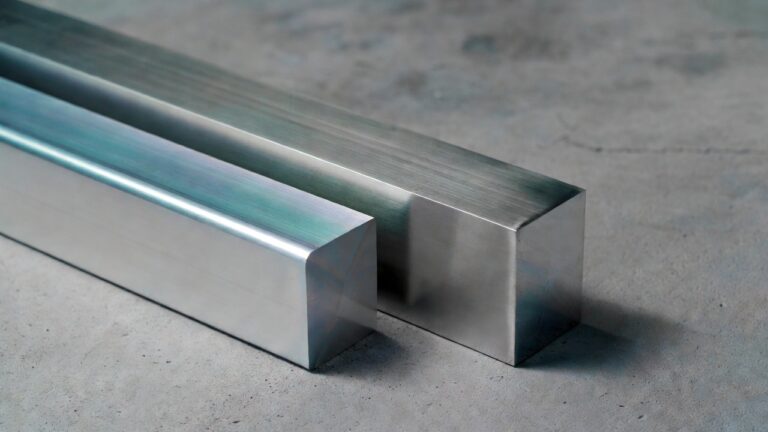 Aluminum bar and stainless steel bar side by side on industrial surface