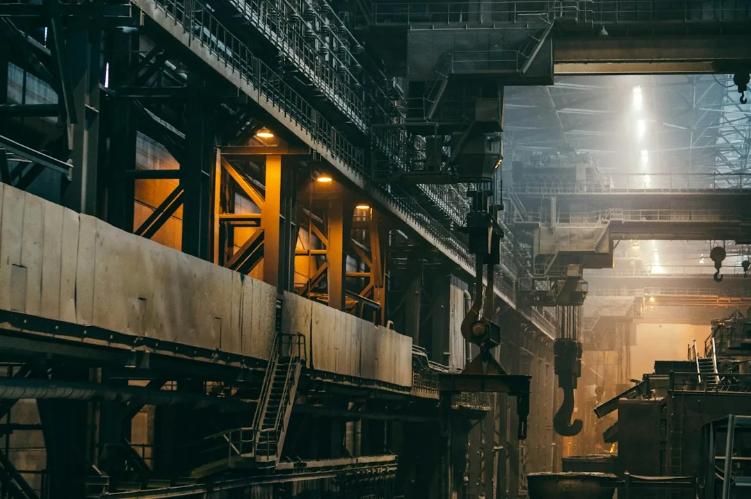 Interior of a heavy industry plant with overhead cranes