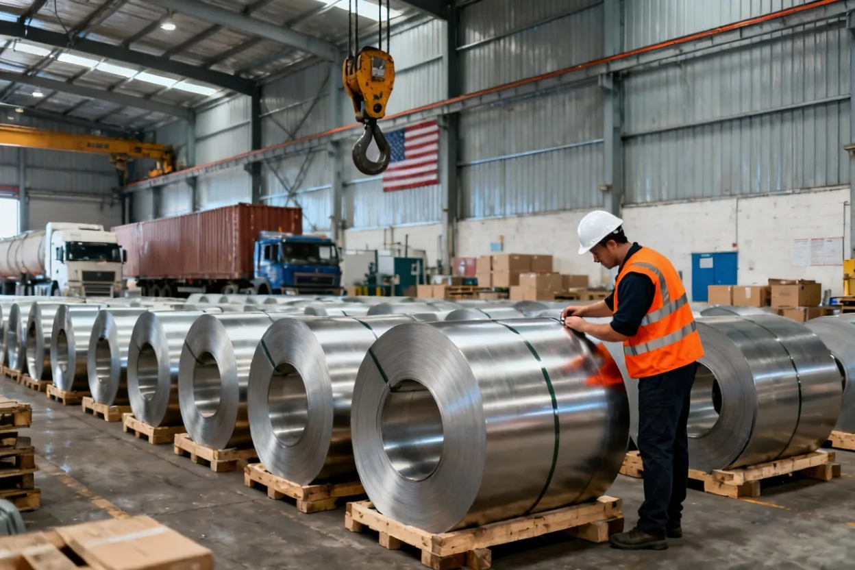 aluminum vs stainless steel cost 2026: Worker in hard hat inspecting unmarked stainless steel coils inside a large warehouse