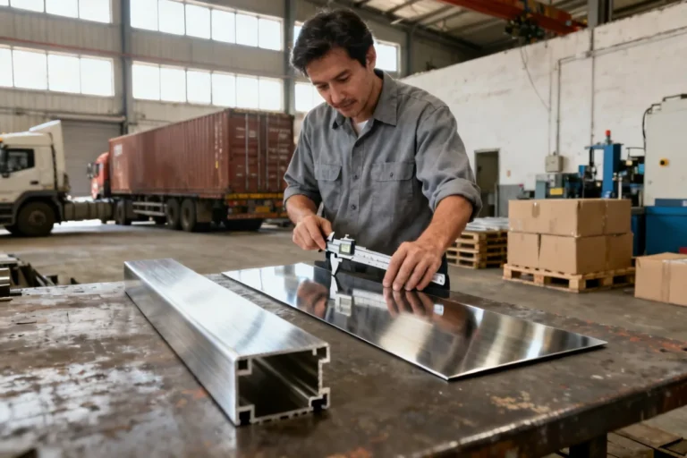 aluminum vs stainless steel cost 2026: Aluminum extrusion and stainless steel sheet offcuts measured with a caliper on a work